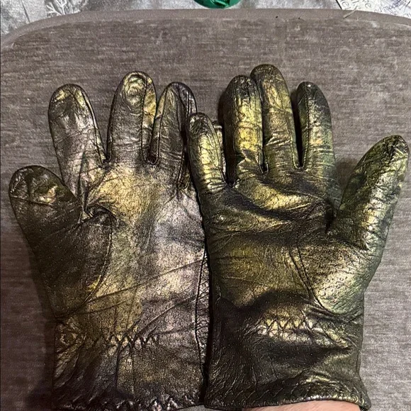 Elegant Gold ,Green and Black Leather Gloves,Hand Painted with Exclusive Paint.